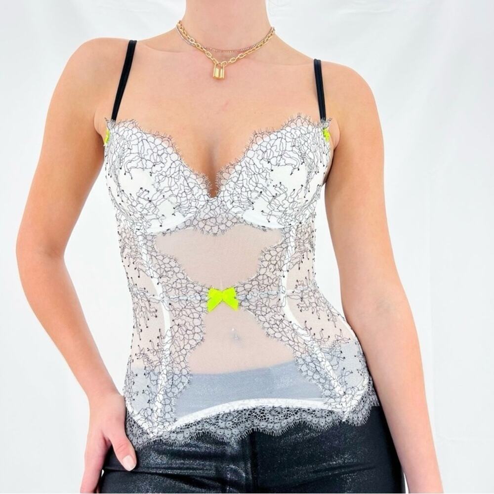 Victoria’s Secret White Black Lace Sheer Bustier Corset Top Neon Bow 34D